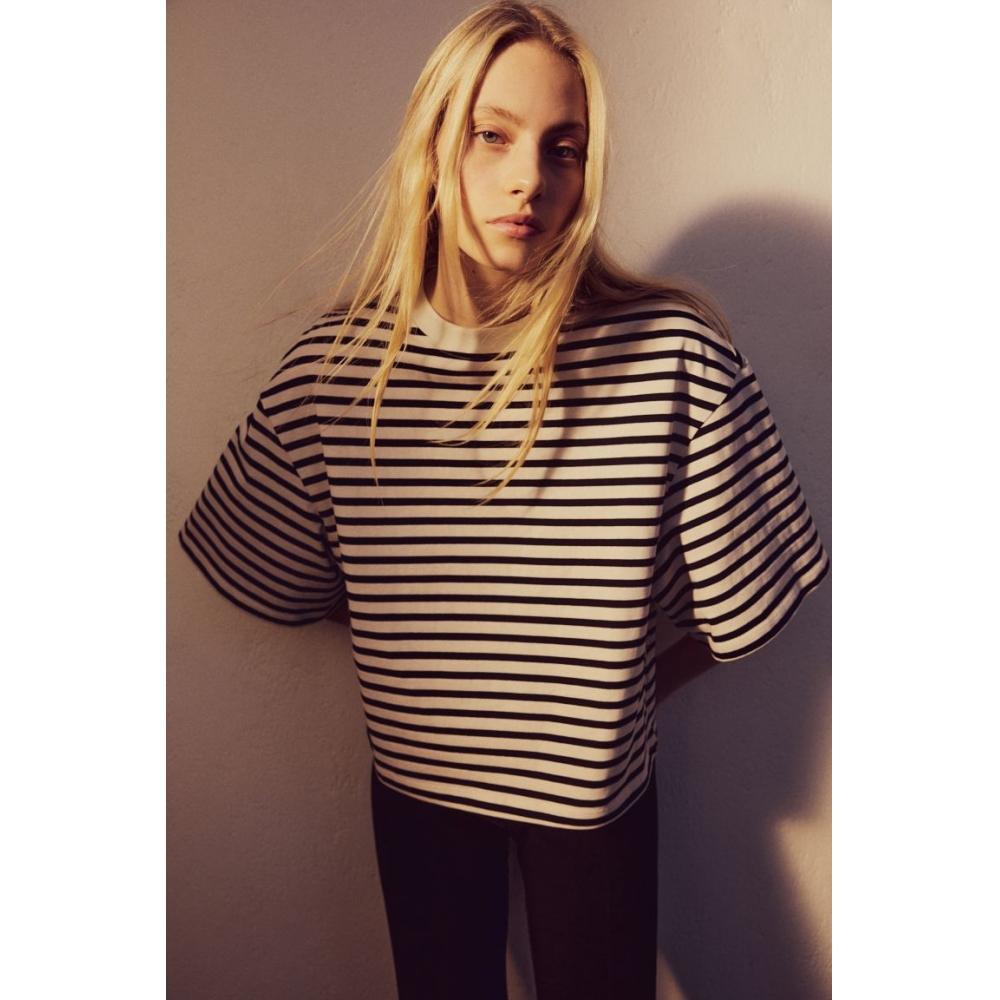 

Хлопковая футболка HM Oversized, белая, черная полоска