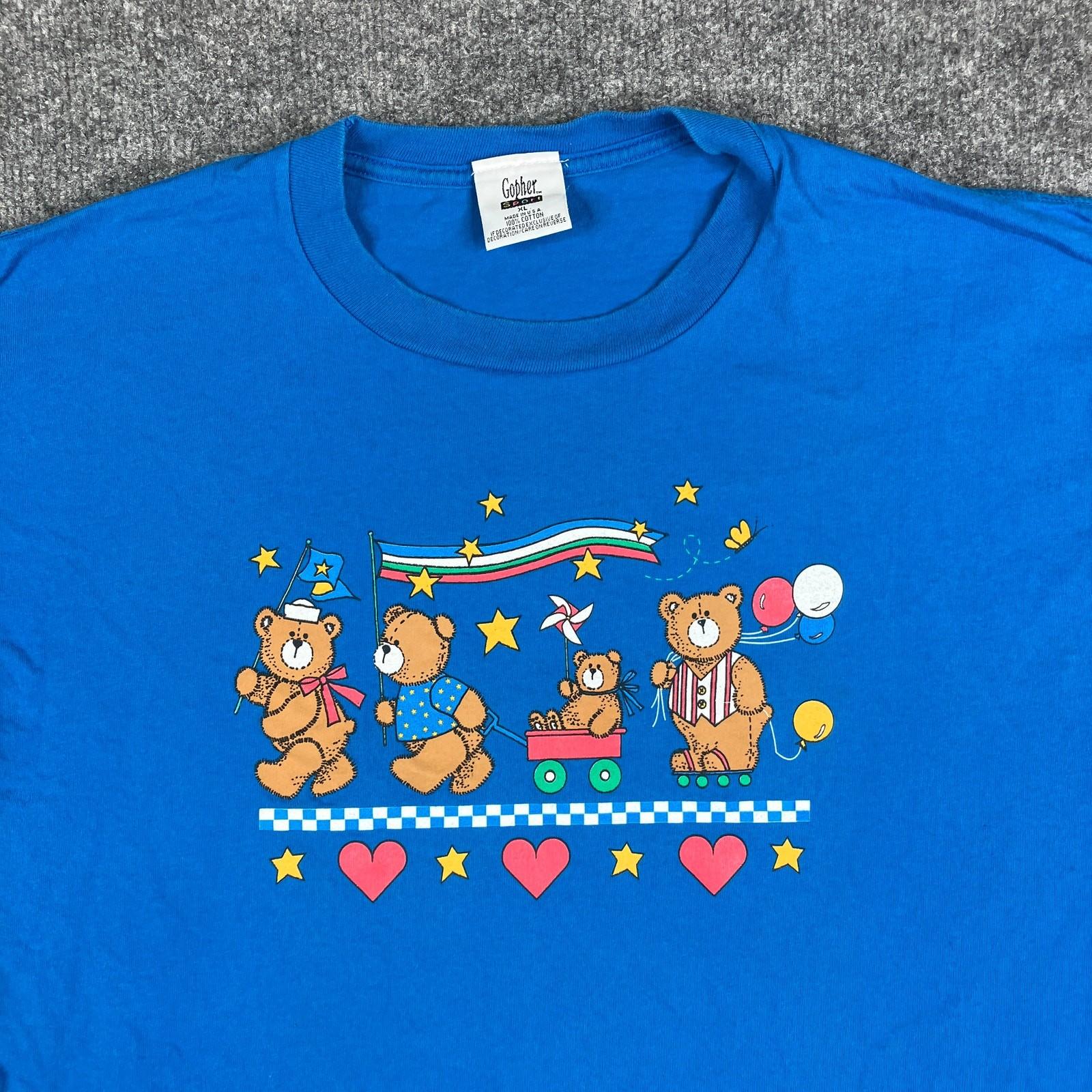 Gopher Sport T-Shirt Mens XL Blue Bear Parade Hearts Balloons Graphic Vintage XXL