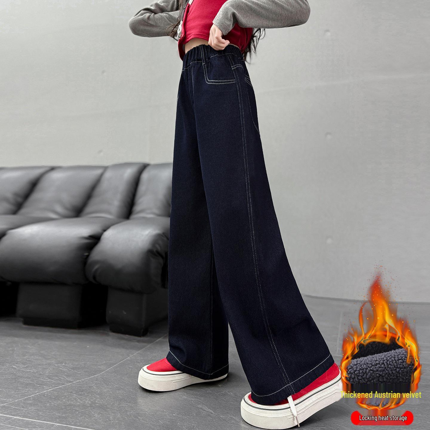 

2025 Стильні дівчачі джинси широкого крою з вишивкою сердець на флісовій підкладці – Теплі, модні штани для старших дітей 140 cm