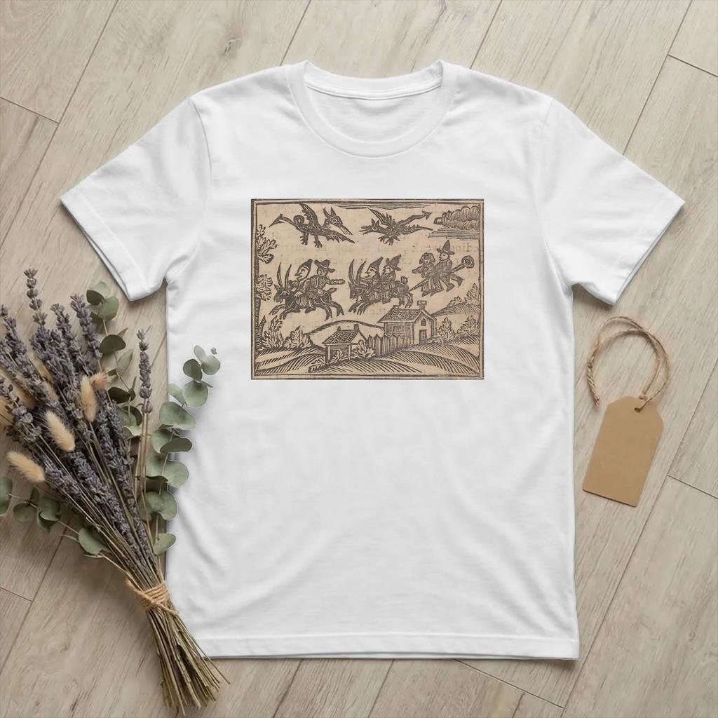 Funny 18th Century European Woodcut Prints TShirts Unisex O Neck Cotton T Shirt Flying Witches Short Sleeve Tee Plus Size Merch