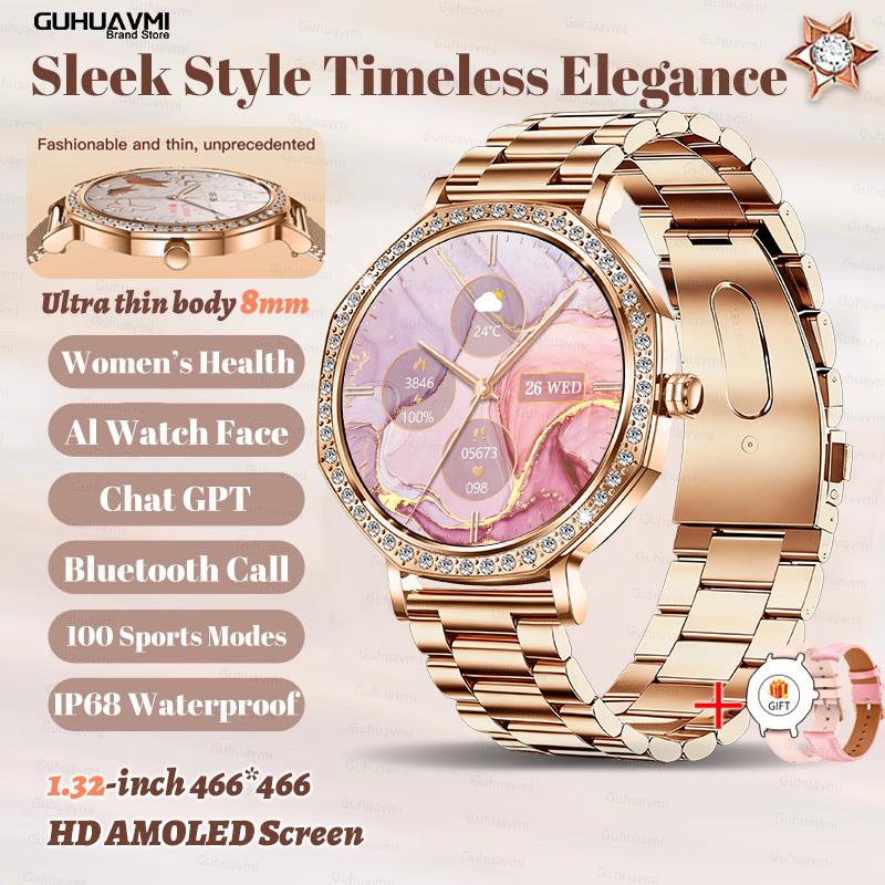 New Luxury Diamond Smart Watch For Women 8mm Ultra Thin Body Bluetooth Call Heart Rate IP68 Waterproof Smartwatch Rose Gold
