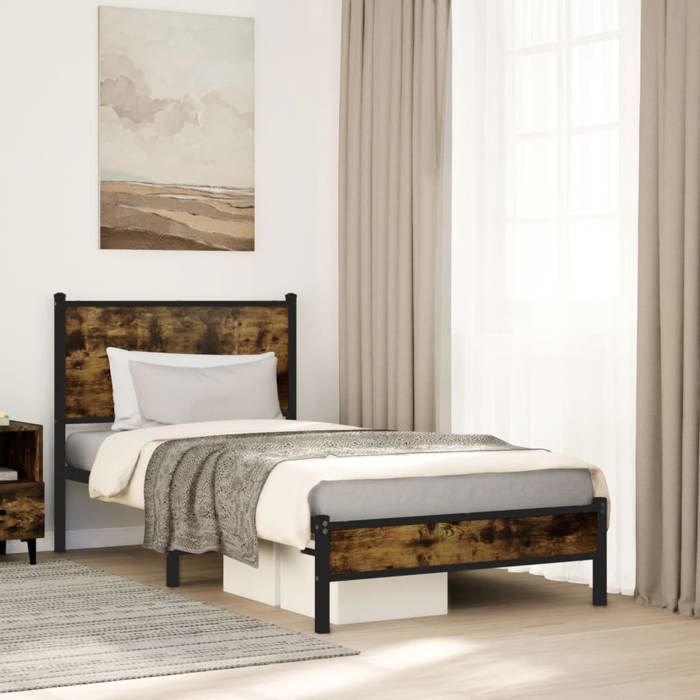 VidaXL Cadre de lit en métal avec tête de lit chêne fumé 75x190 cm, lit simple, meuble de chambre à coucher, lit d'invité, 4007804