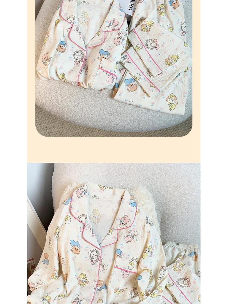 Japanese-Style Cute Cat Print Cotton Pajamas for Women, Long-Sleeved Home Set for Spring & Autumn