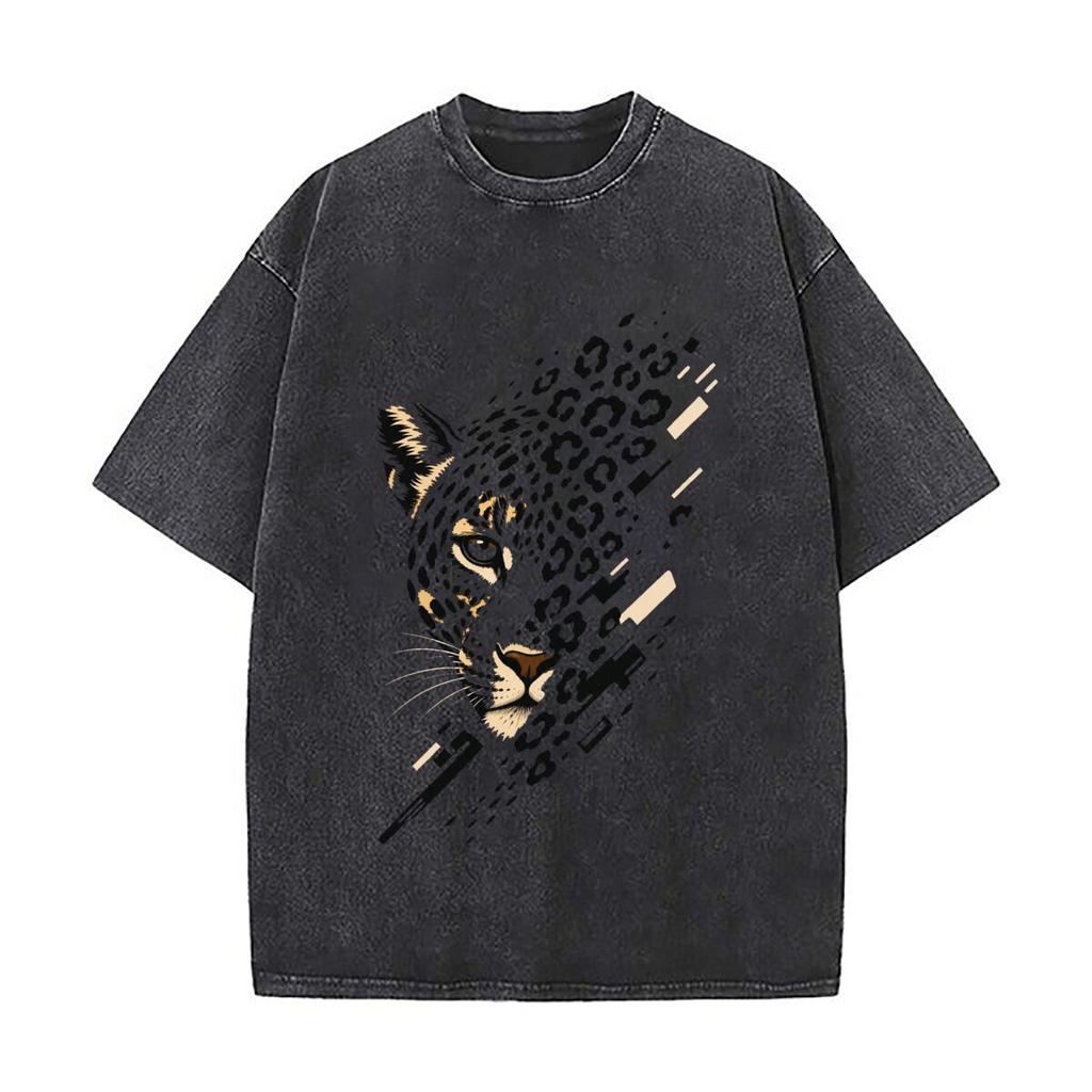 Modern Leopard Pattern Wildlife Port Vintage Distressed Washed Cotton Short Sleeve Streetwear Outfit