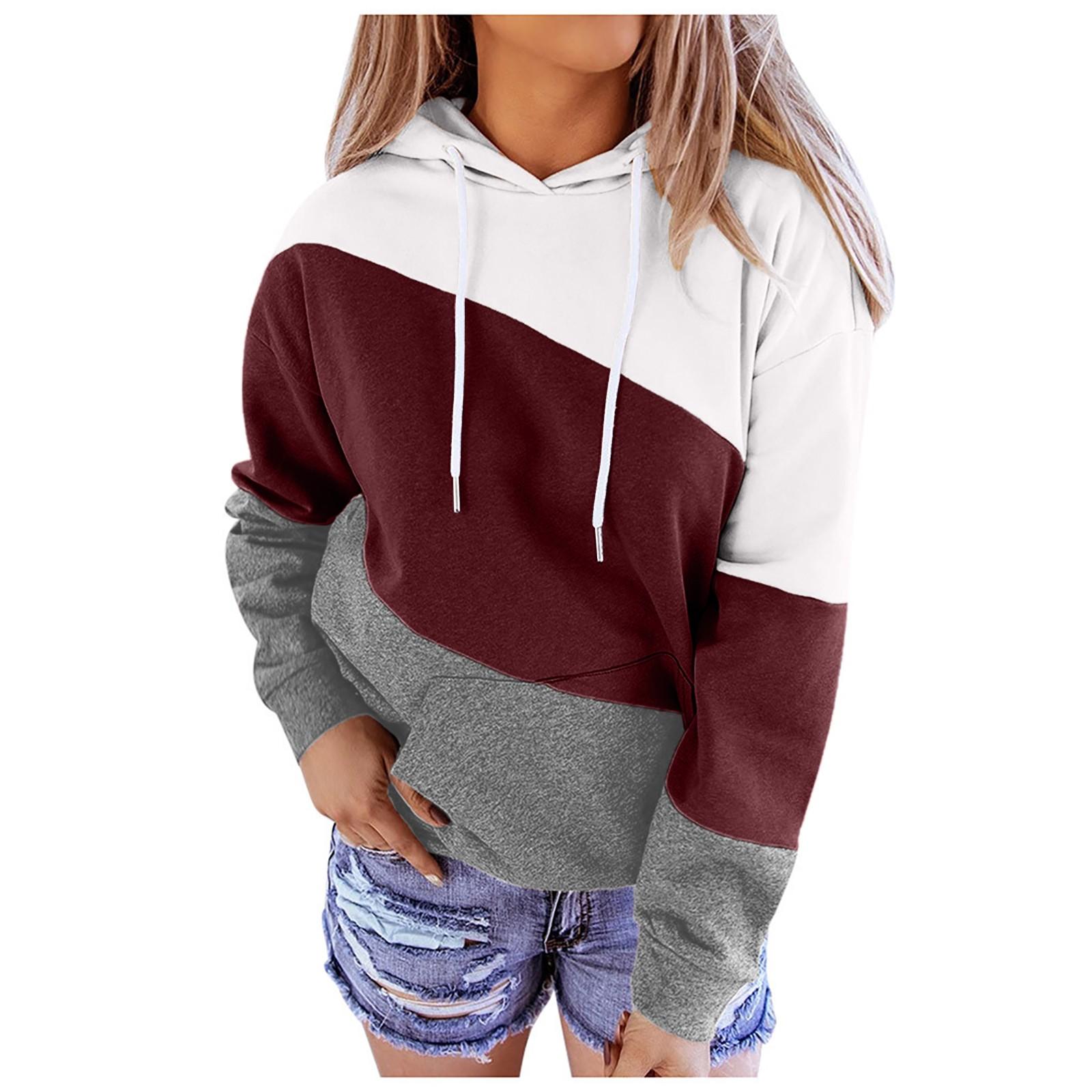 

Women s Casual O-Neck Contrast Color Long Sleeve Top Pullover Sweatshir XL винний