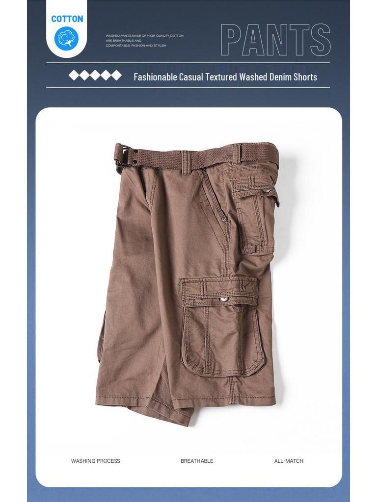 Men's Summer Cotton Workwear Cargo Shorts - Washed, Casual, Multi-Pocket, Straight Leg Bermuda.