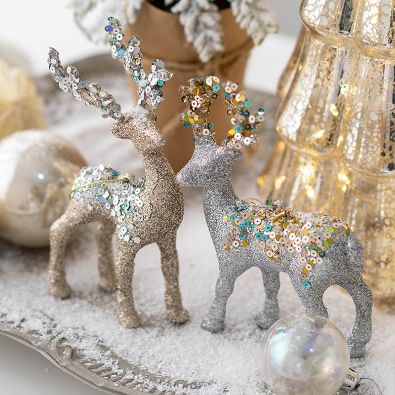 1PC Flocked Reindeer Tree Decoration Glitter Reindeer Scandinavian Christmas Ornament Holiday Decor 10x14cm