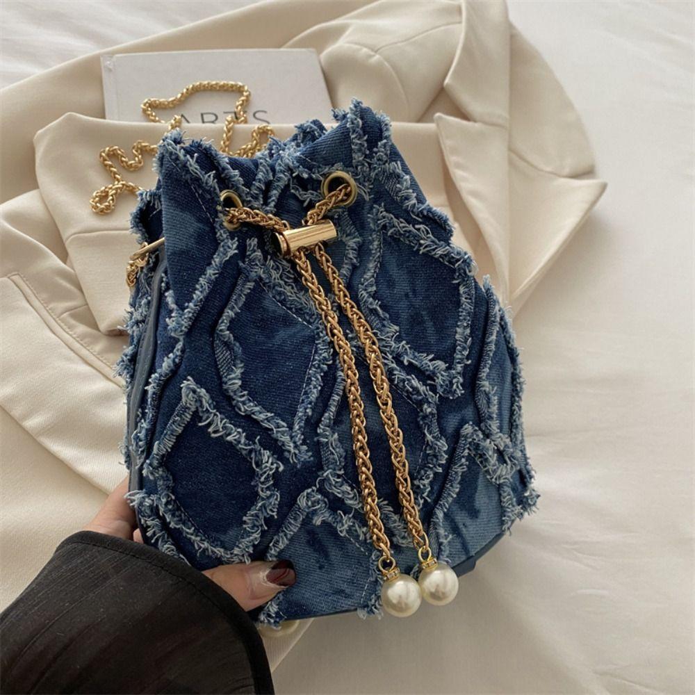 Chain Tassel Denim Crossbody Bag Handbag Cloth Shoulder Bag Elegant Denim Bucket Bag Wedding