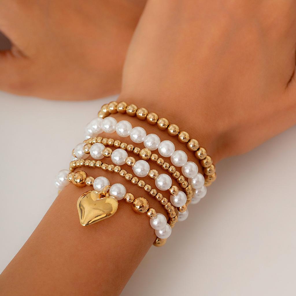 Boho Sweet Imitation Pearl Mixed Round Pearl Bracelet Women's Multi layer Elastic Thread Girls' Jewelry