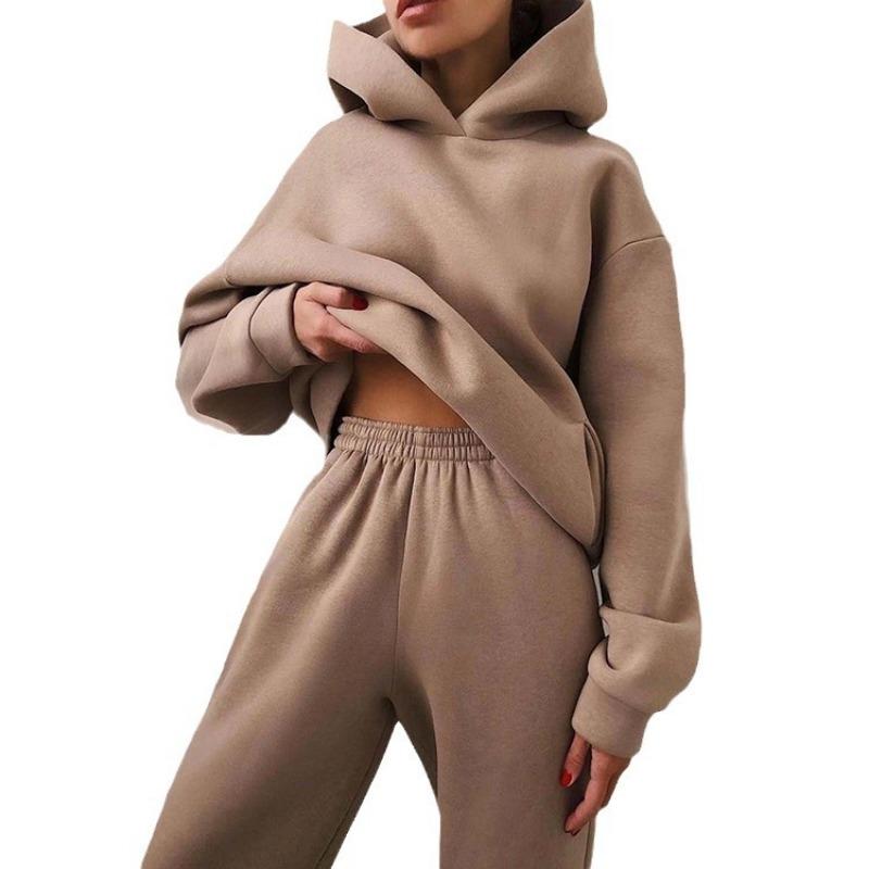 Women S Solid Long Sleeve Hoodie And Pants Two Piece Set Casual Style