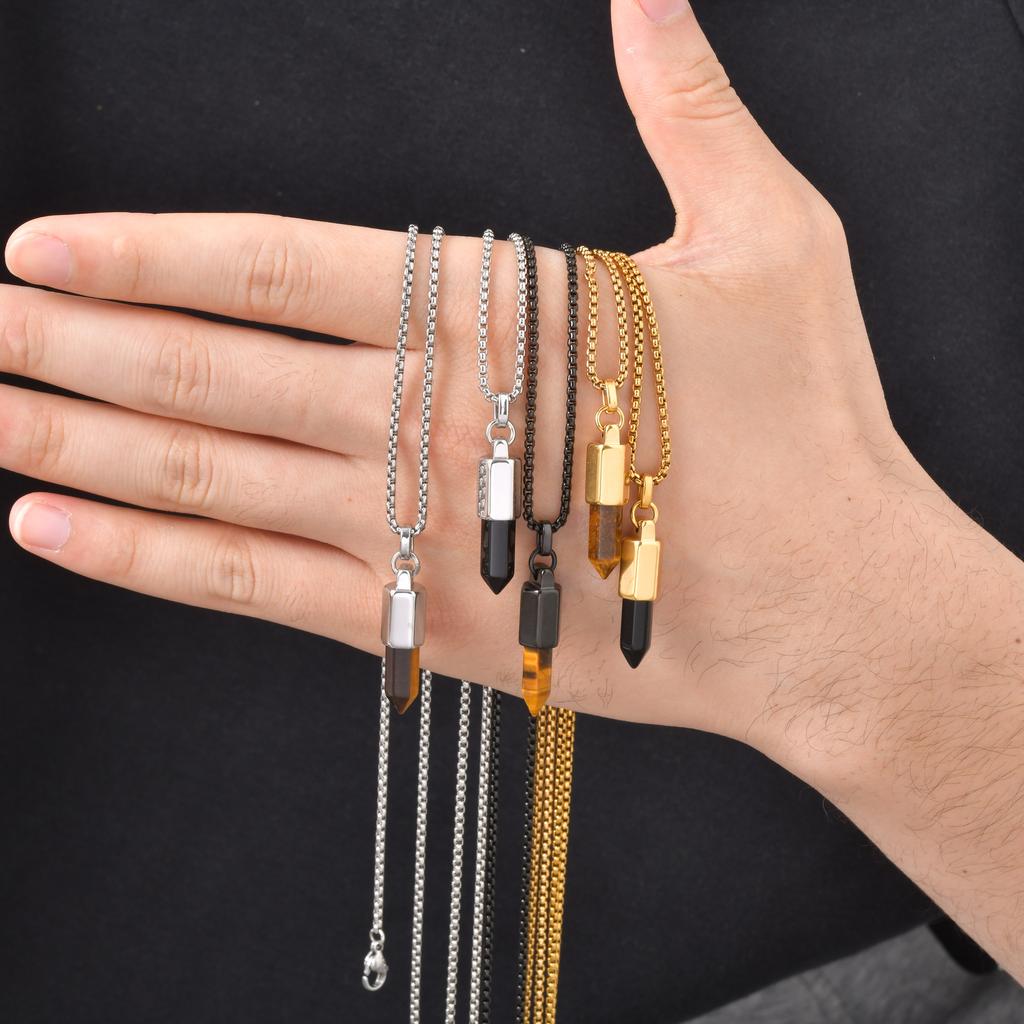 Vnox Tiger Eye Black Agate Bullet Pendant Necklace for Men, Gold Sliver Color Stainless Steel Box Chain Necklaces Jewelry Gifts