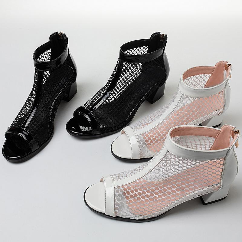 Mode Offene spitze Stiefeletten Für Frauen Sommer Schuhe Atmungsaktives Mesh Schwarz Weiß Kurze Stiefel Dance Party Schuhe Weibliche Große Größe 45 50