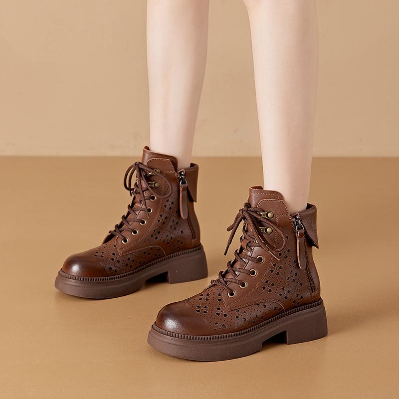 

2025 small size leather hollow Martin boots women s platform Korean version double side zipper women s leather boots lace-up casual shoes 40