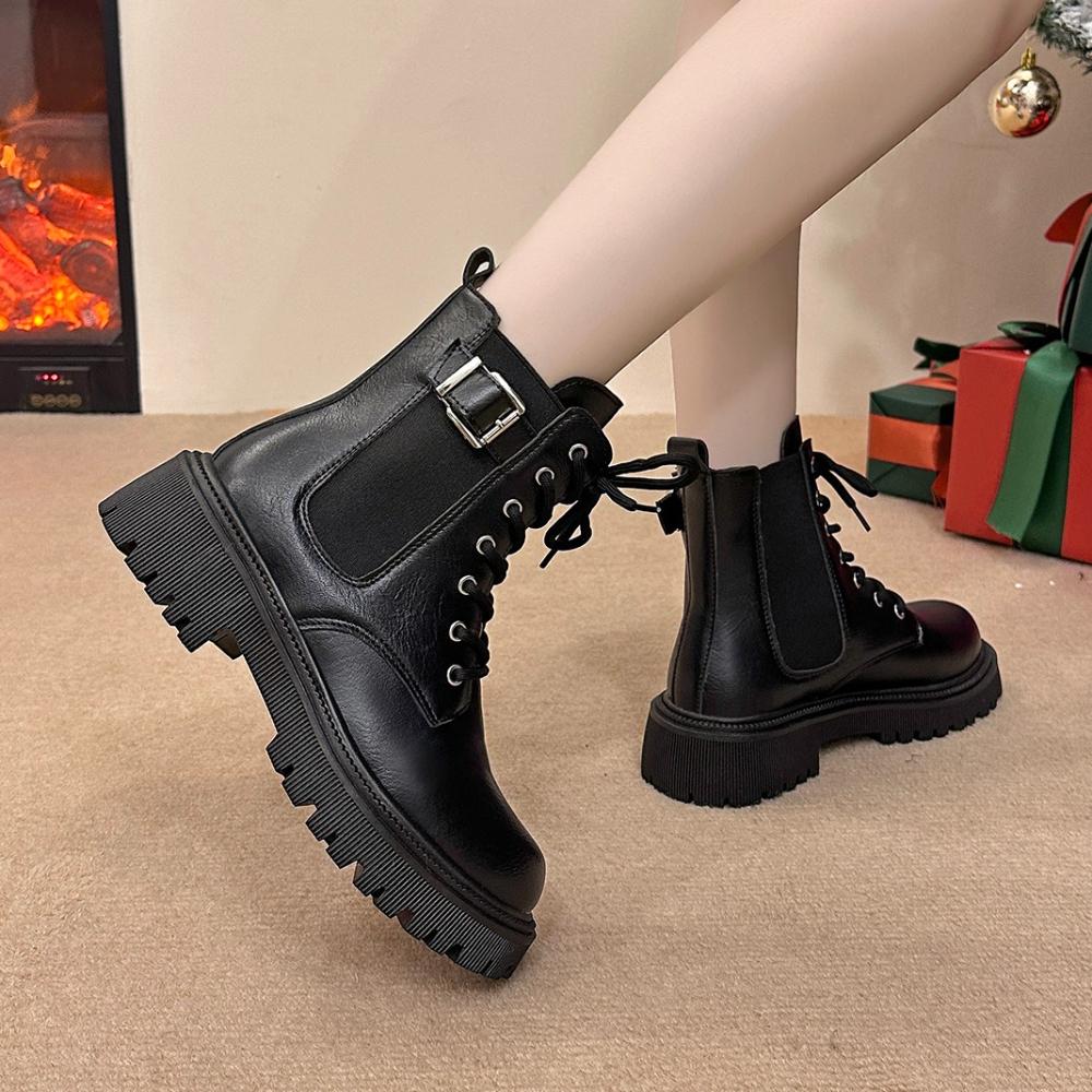 Schwarze Übergrößen Schuhe für Damen 35-42 Herbst Winter Schnür-Plateau Quadratische Absätze Bequeme Runde Zehenpartie Damen Stiefeletten