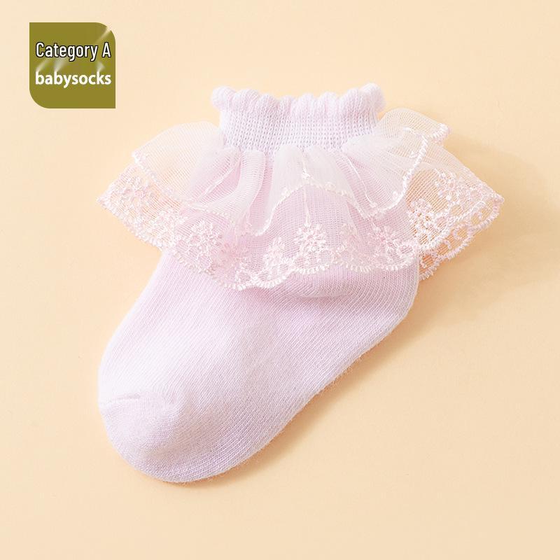 26 New Spring/Autumn Breathable Lace Trim Mid-Calf Socks for Girls