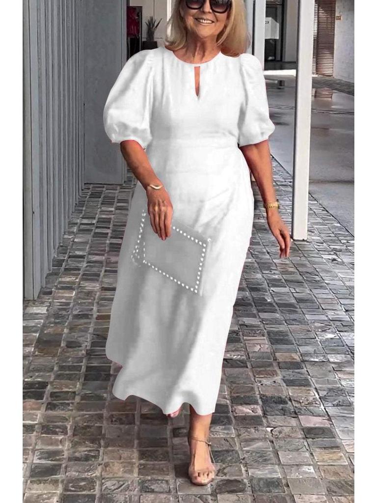 2026 Spring/Summer Women's Solid Color Loose Puff Sleeve Dress