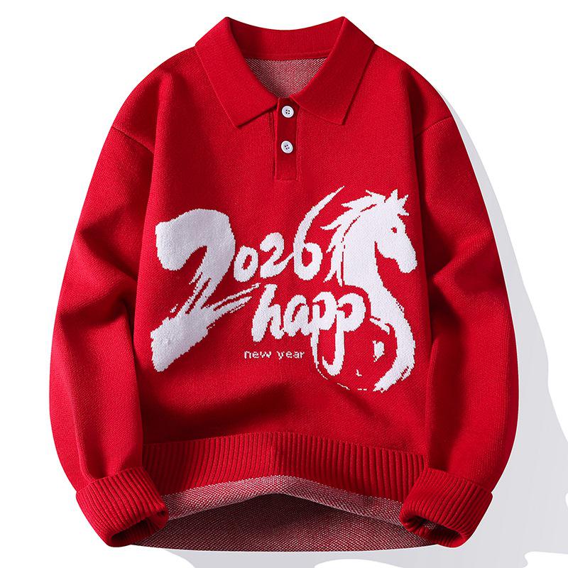 Red Horse Zodiac Year Unisex Lapel Sweater - National Trend Knitwear 4XL