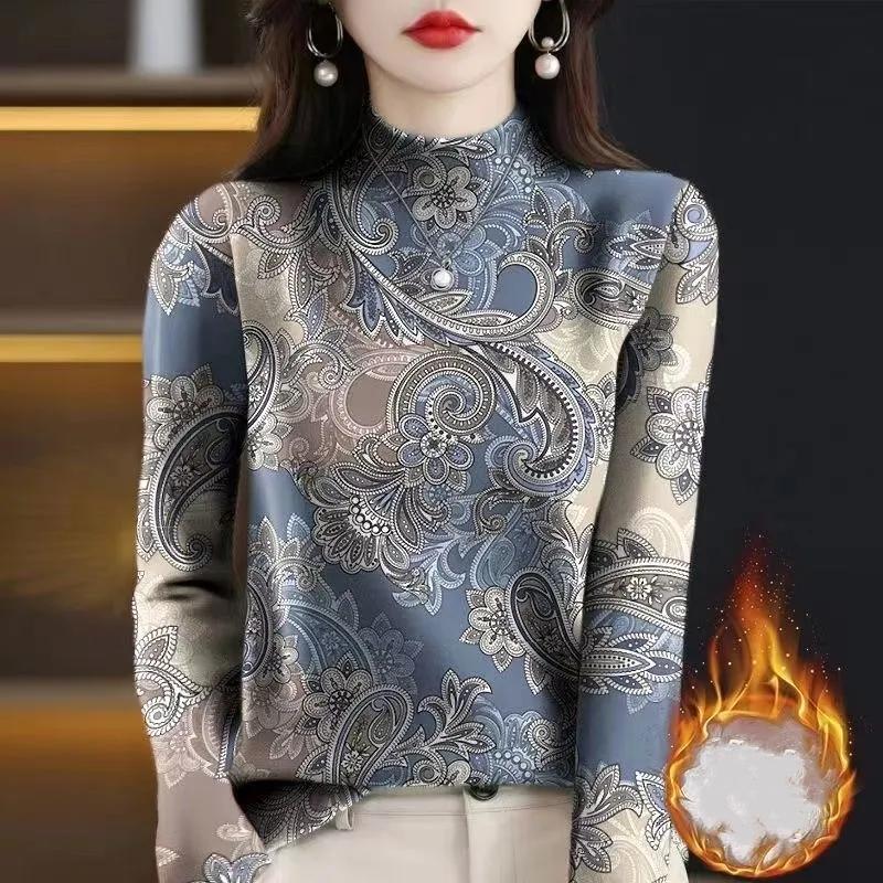 

Женский базовый топ с полувысоким воротом и флисовой подкладкой, облегающая футболка с длинным рукавом с принтом для многослойности или ношения соло 3XL