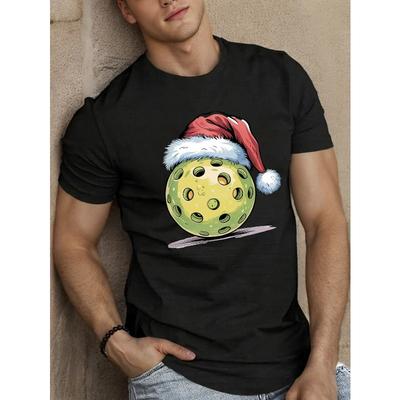 Europäische Größen Herren Freizeit-T-Shirt mit Rundhalsausschnitt mit geometrischem Muster, Pickleball & Weihnachtsmützen-Design, Leichte Dehnbarkeit