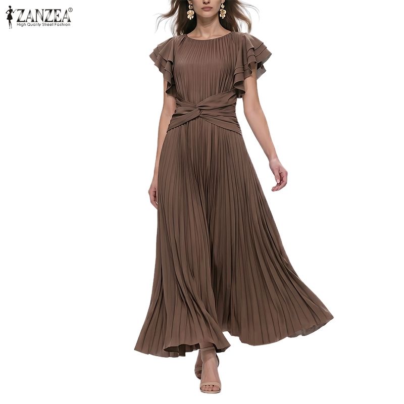 ZANZEA Women Casual Round Neck Ruffles Short Sleeve Loose Pleated Long Dress