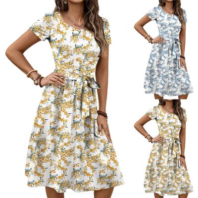 Dames Modieuze Retro Patroon Print Kleur Blok Riem Casual Jurk