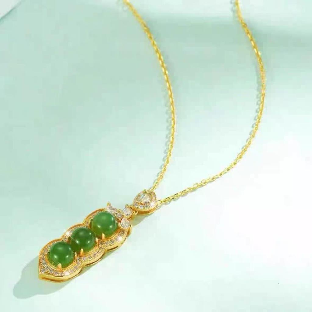 Copper-Plated 18K Inlaid Imitation Jade Bean Necklace - Four Seasons, High-End Niche Design for Women
