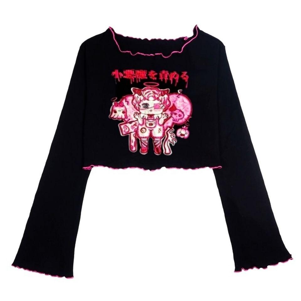 

Y2k одежда, японские топы в стиле Харадзюку, уличные топы с круглым вырезом в полоску, контрастные цвета, футболки с длинными рукавами, женские футболки с мультяшным принтом M