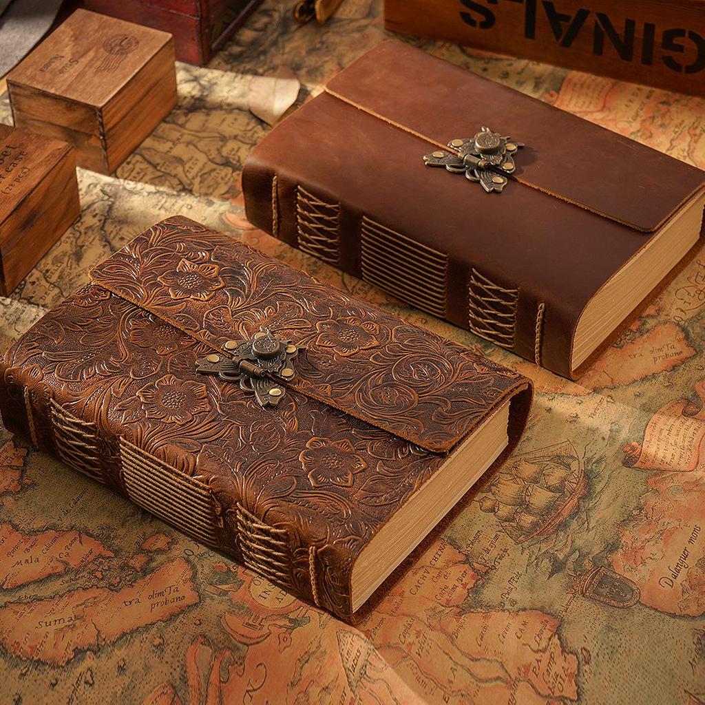 Handmade European Style Cowhide Sketchbook - Retro Traveler Diary Notebook (Thick Bound)