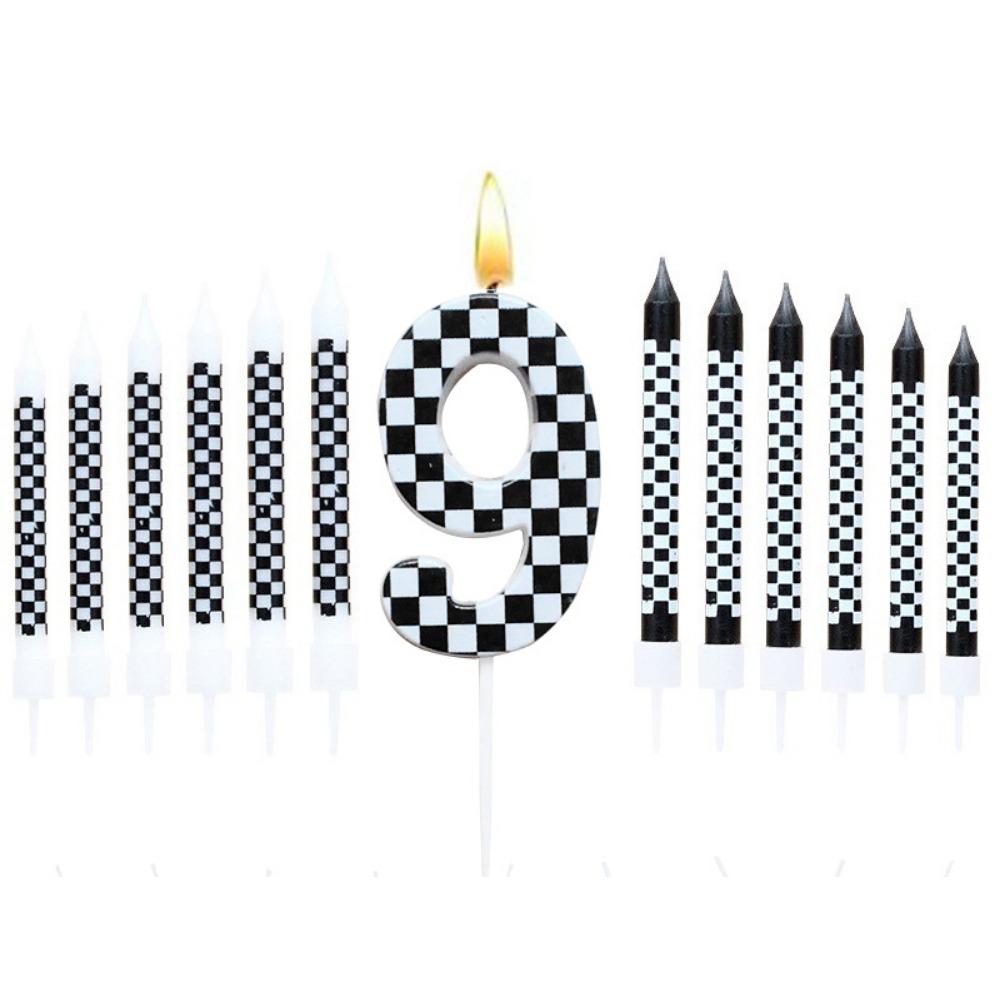 1/6/12/13 Pcs Racing Cars Themed Birthday Candles Black and White Race Number Checkered Candle Cake Topper for Racing Car Party