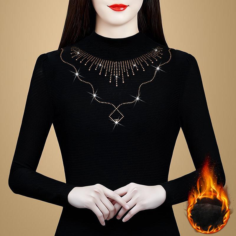 Nuevos Tops Jersey de Primavera Modernos y Elegantes Camiseta Base para Madres de Mediana Edad para Mujer con Camisa de Manga Larga de Diamantes Calientes de Alta Gama