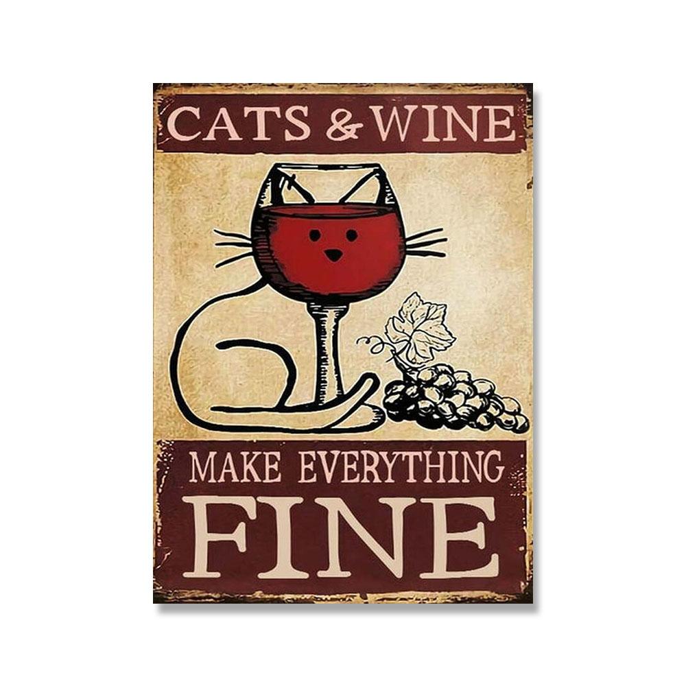

Кот и вино делают все прекрасно, плакат, забавные винтажные принты на холсте, картина с животными, настенная художественная картина для гостиной, домашний декор 30x40cm No Framed