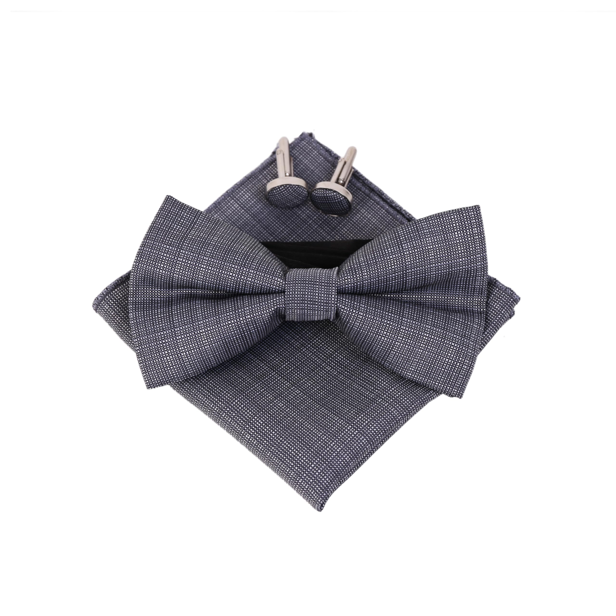 

[BRMM MIA] Men s Bow Tie Set - One-Touch Paisley Pattern, with Pocket Square, Perfect for Weddings, Easy Hook Closure, Gift (01 Grey Stripe)