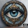 Evil Eye Metal Wall Art Plaque Intricate Golden Blue Protection Design Home Decor Living Room