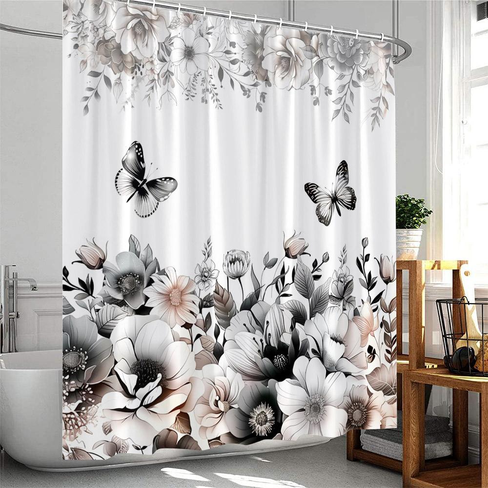 Butterfly Floral Shower Curtain Rose Flowers Plant Botanical Bathroom Decor Elegant Polyester Fabric Bath Curtain with Hook