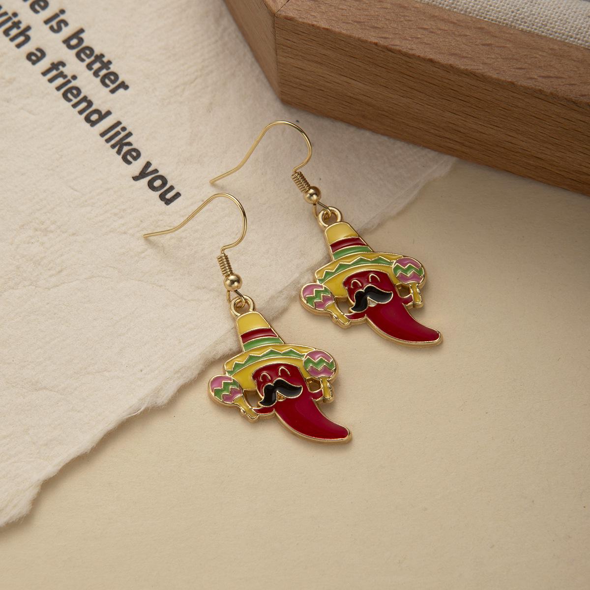 Women s European & American Cross-Border Mexican Red Chili Cartoon Ear Studs, Personalized Wide-Brim Hat Design.