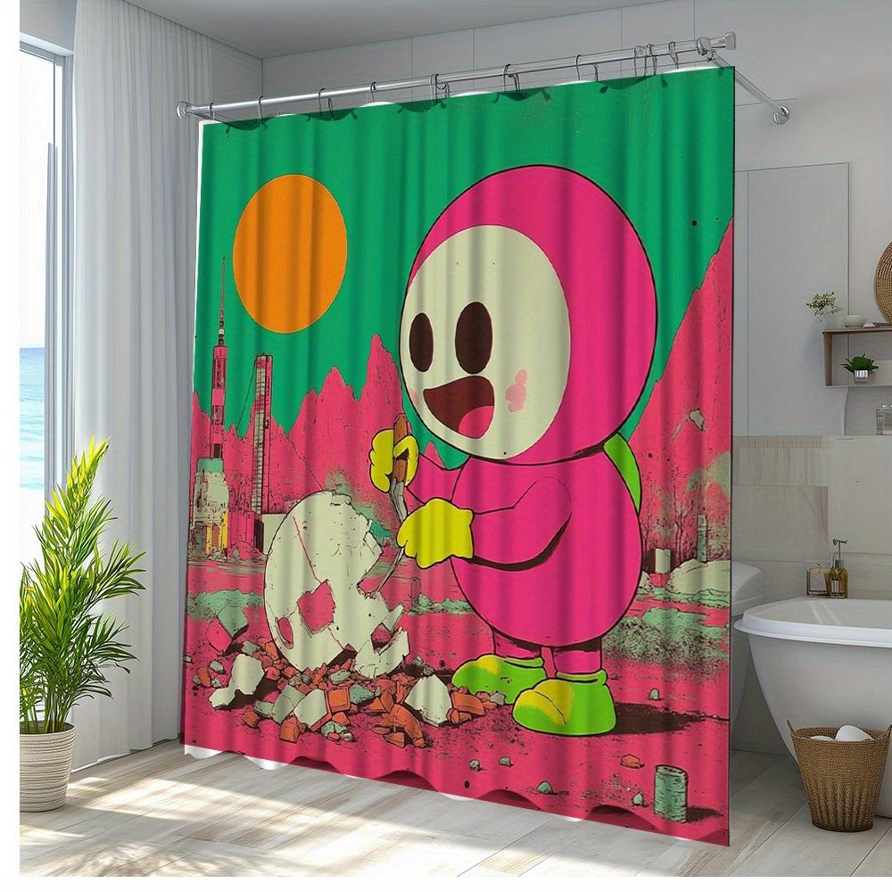 Playful Cartoon Character Print Waterproof Shower Curtain For Bathroom, Fun Urban Design High-End Toilet Partition Curtain