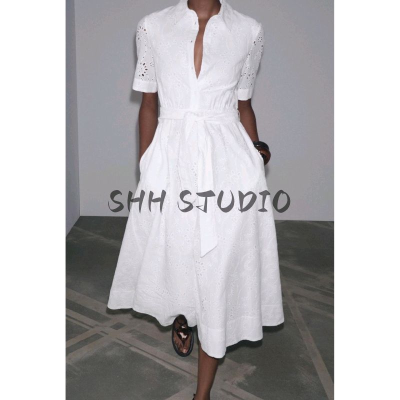 Summer New Product Women's Clothes with Belt Flip Collar Cut Out Embroider Shirt Short Sleeve Dress 8223087