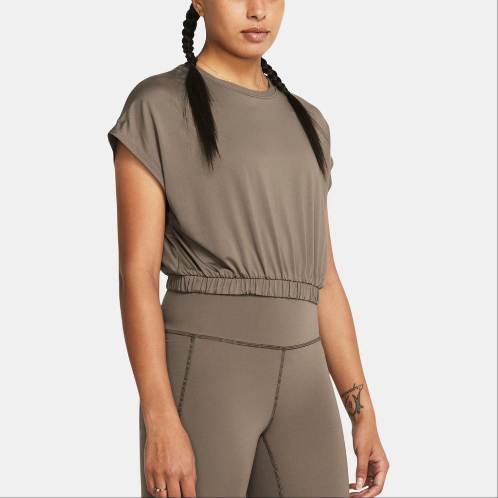 Under Armour UA Meridian Bubble Hem Crop Solid Color Short Sleeve T-Shirt Women Tops Linen 1384204-200