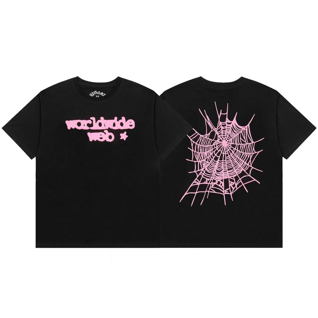 Foreign Trade Meichao Sp5der555555 Spider Web Printing Summer Loose Trend Men's and Women's Couples Short Sleeve T-Shirt Summer