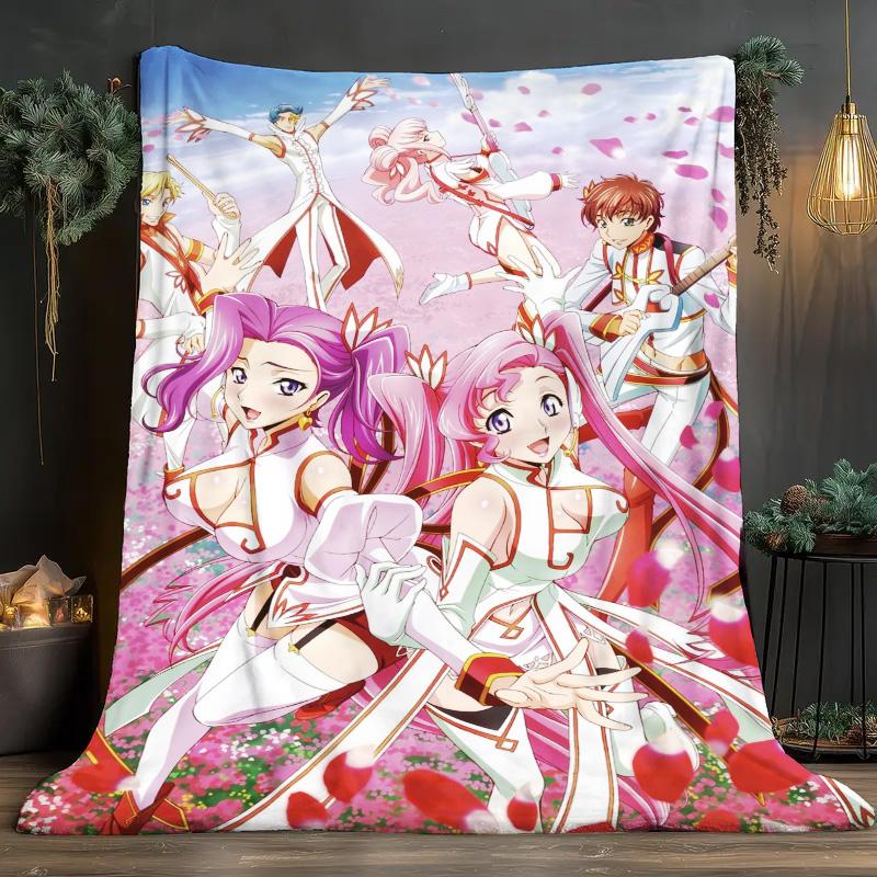 Code Geass Anime Girls Group Flannel Throw Blanket, Soft Blanket for Sofa Bed, Anime Character Petal Print Home Decoration