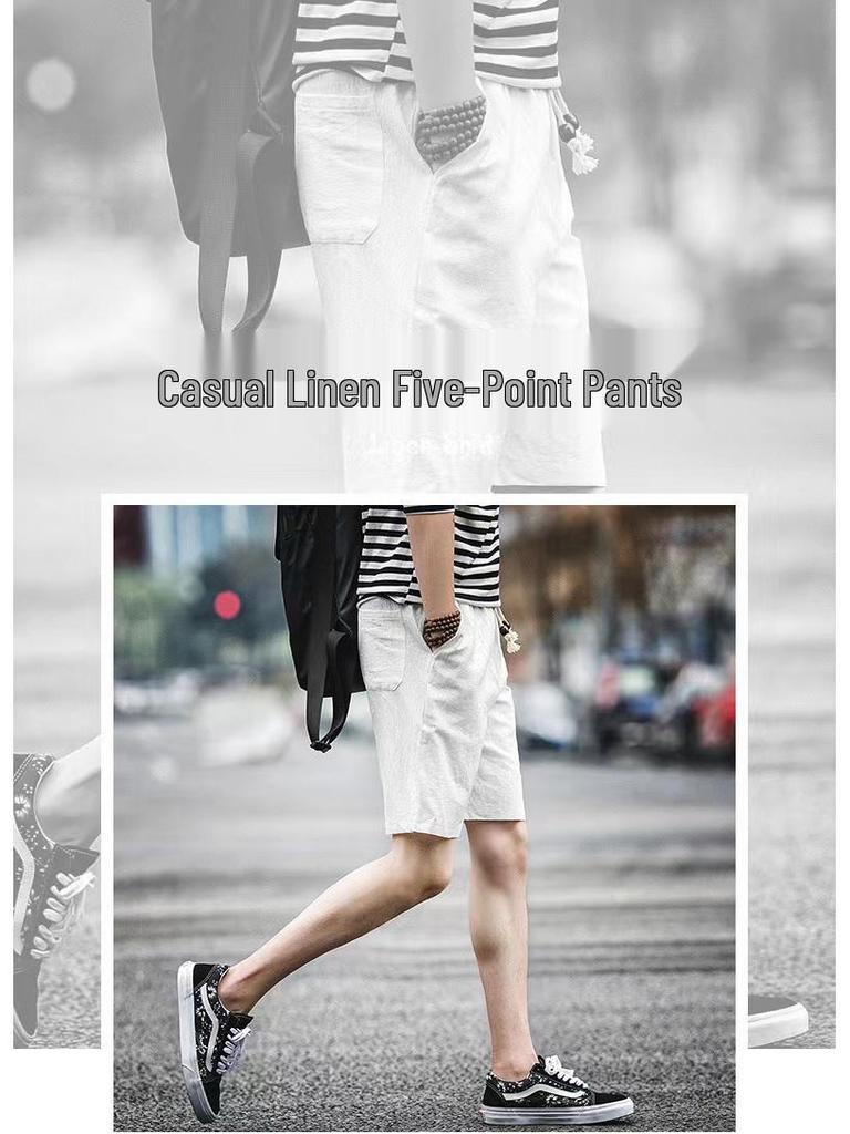 Men's Korean Style Cotton Linen Beach Shorts - Casual Plus Size, Solid Color, Five-Point Design.