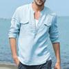 Men's Long Sleeve Pullover Shirt, Loose Fit Cotton Blend Solid Color Mandarin Collar Shirt, Casual All Season Daily Top