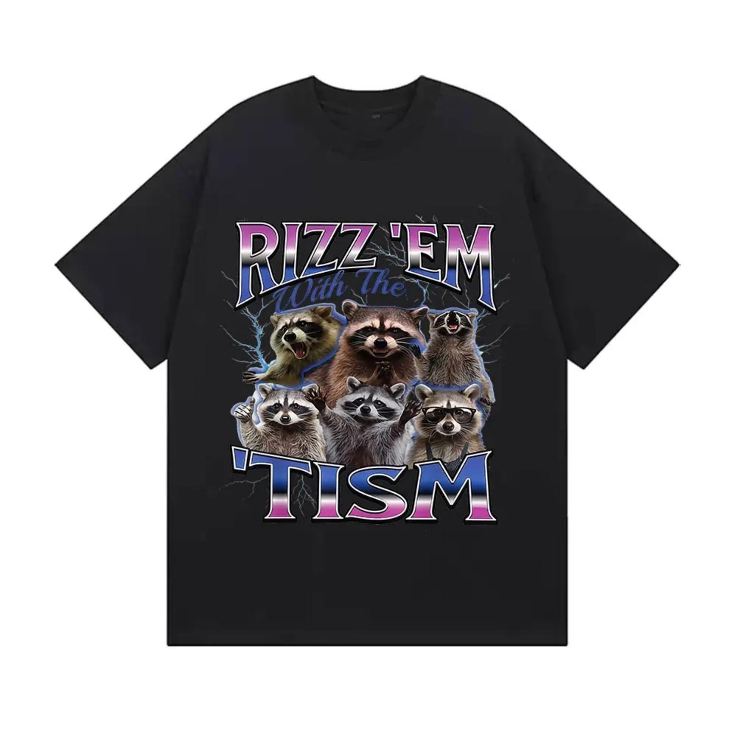 

Rizz Em with The Tism Raccoon Funny Meme T Shirt s Summer Fashion Clothing T-shirts Casual Cotton Short Sleeve T-shirt S чёрный
