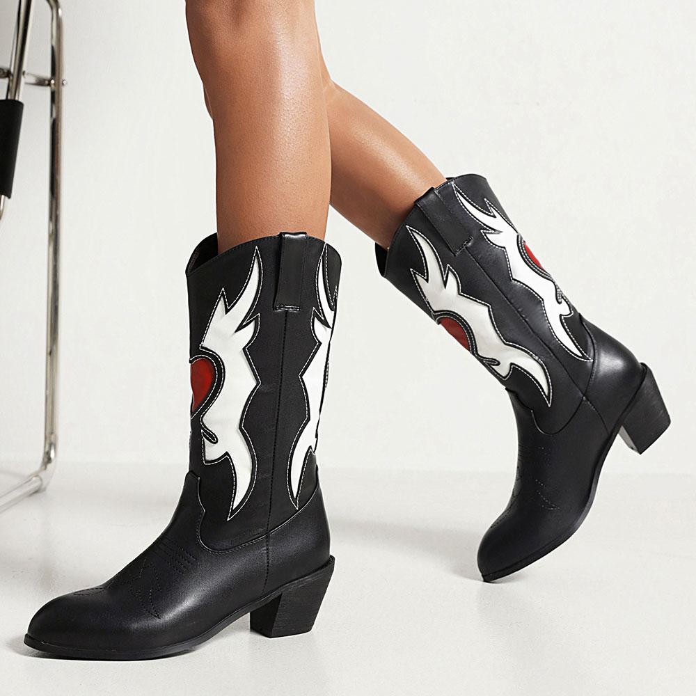 

Женские ковбойские сапоги с острым носком, на толстом каблуке, с красным сердцем, в стиле ретро, ковбойские, западные сапоги, натягивающиеся, до середины икры, женские сапоги, большой размер 48 39