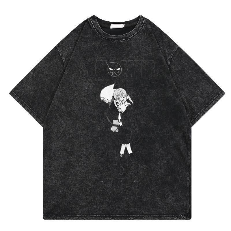 Anime Soul Eater Shirt Herren Atmungsaktiv Druck Polyester Kurzarm Vintage Gewaschenes T-Shirt Mode Harajuku Locker Y2k T-Shirts Oberteile