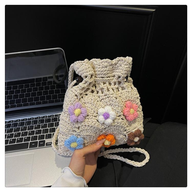 Crossbody Cotton Thread Knitted Bag New Versatile Hollow Flower Bucket Bag Vacation Beach Women's Bag
