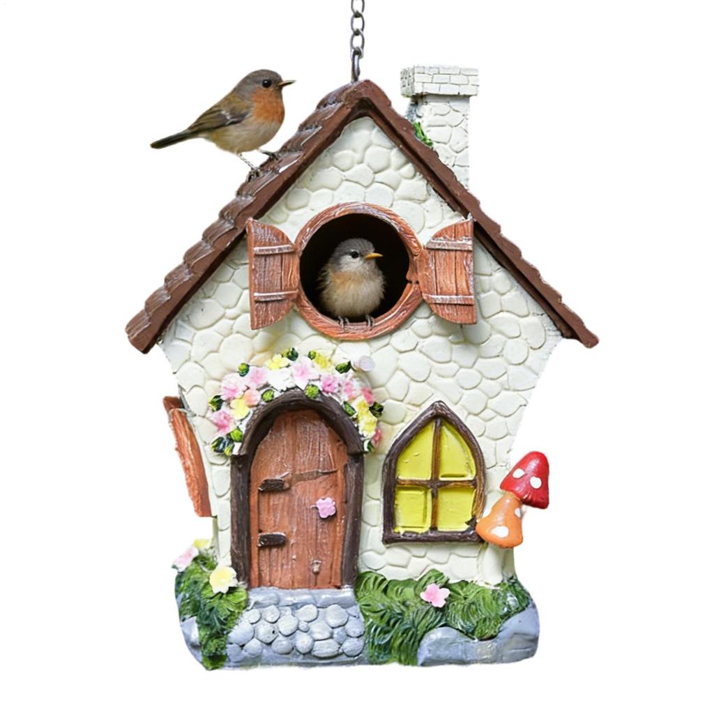 Outdoor Fairy Garden Bird House 8.3-inch Hand-painted Resin Decorated Bird Nest With Chain Waterproof Cute Bird House