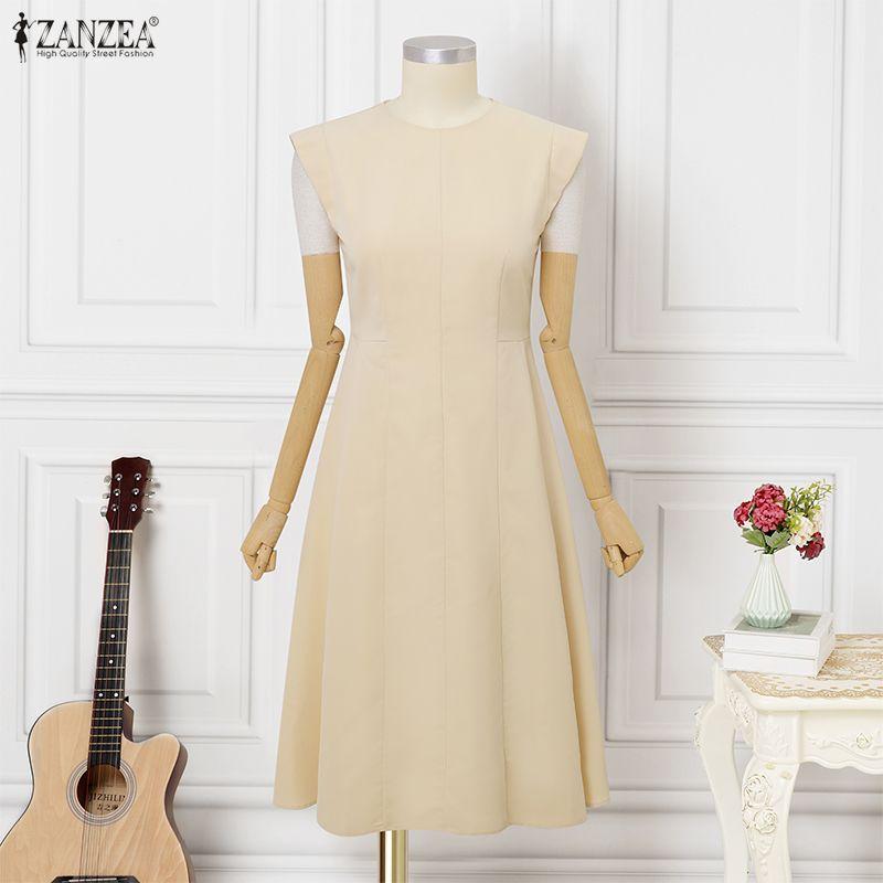 ZANZEA Women Casual Round Neck Summer Sleeveless Midi Dress