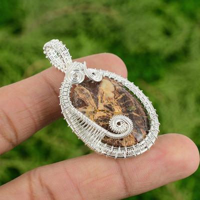 Anniversary Gift For Her Natural Coconut Jasper Pendant Wire Wrap 925 Silver