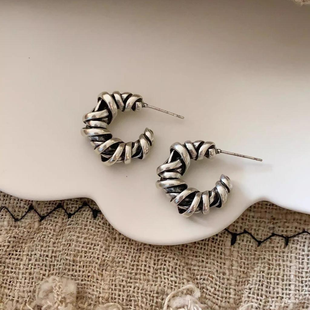 925 Silver Geometry Studs Earring for Women Splicing Korean Hip Hop Versatile Jewelry Gift